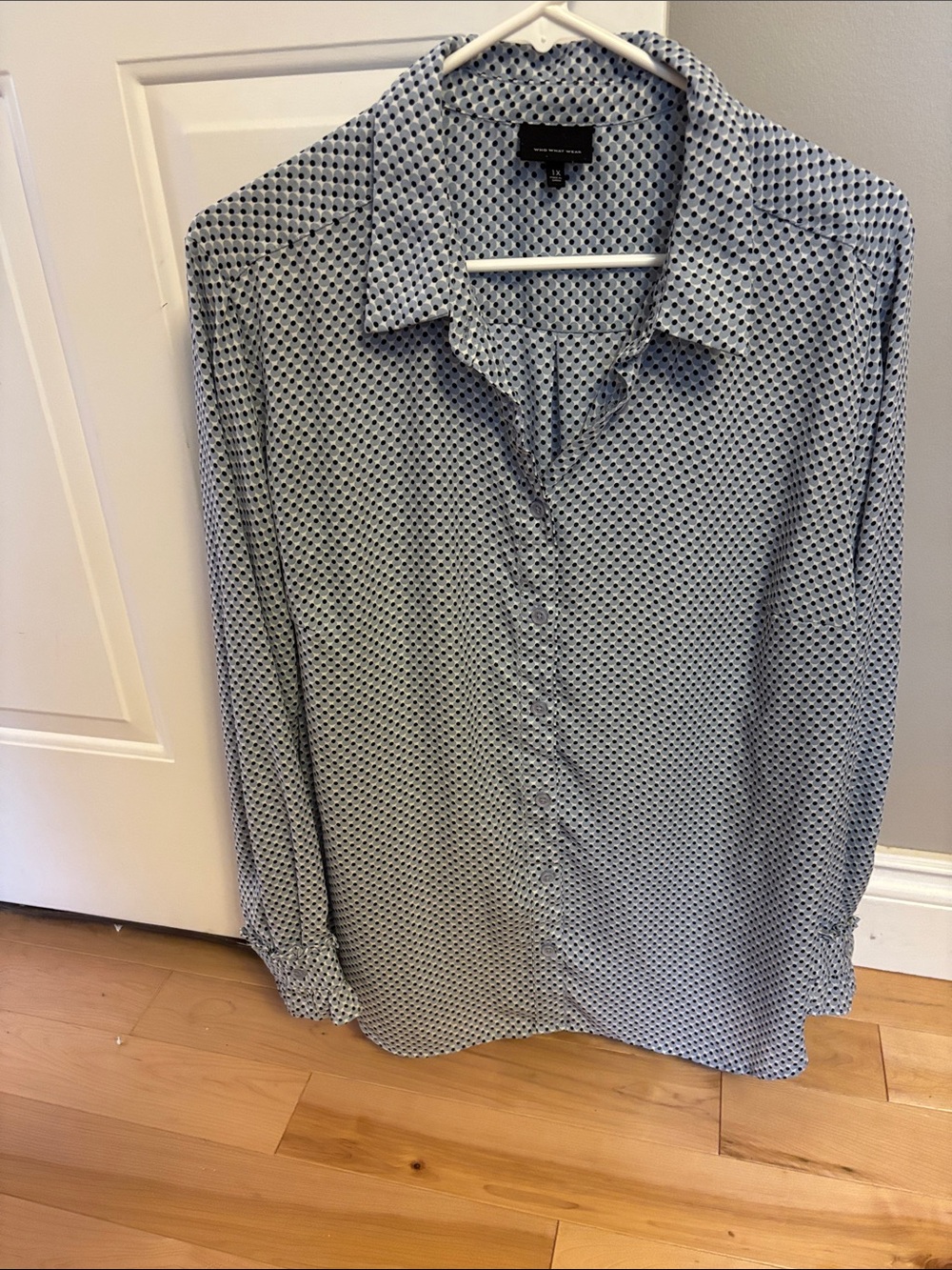 Who What Wear Navy and White Microdot Button-Down Shirt